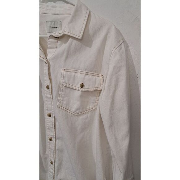 American Eagle Womens Medium Off White Full Button Denim Shirt - Picture 2 of 7